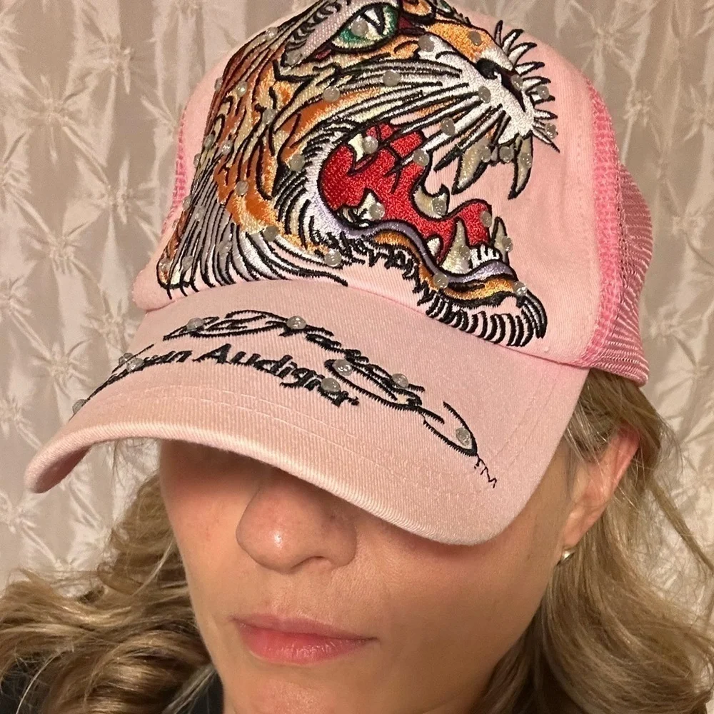 Vintage Ed Hardy Pink Tiger Trucker Baseball Hat Y2K 00s Embroidered Rhinestone